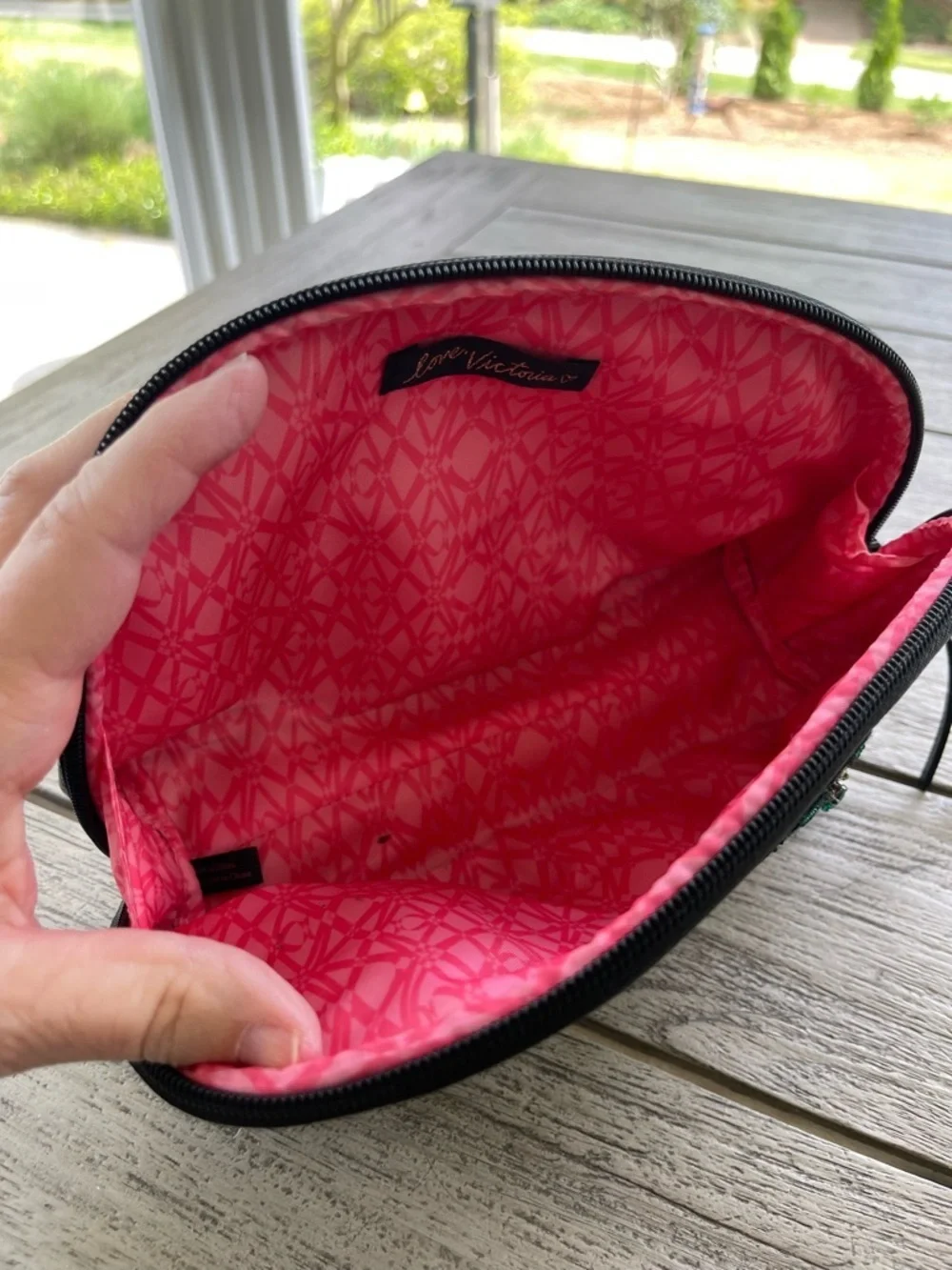 Victoria's Secret Black Textured Cosmetic Pouch with Insect Embellishments